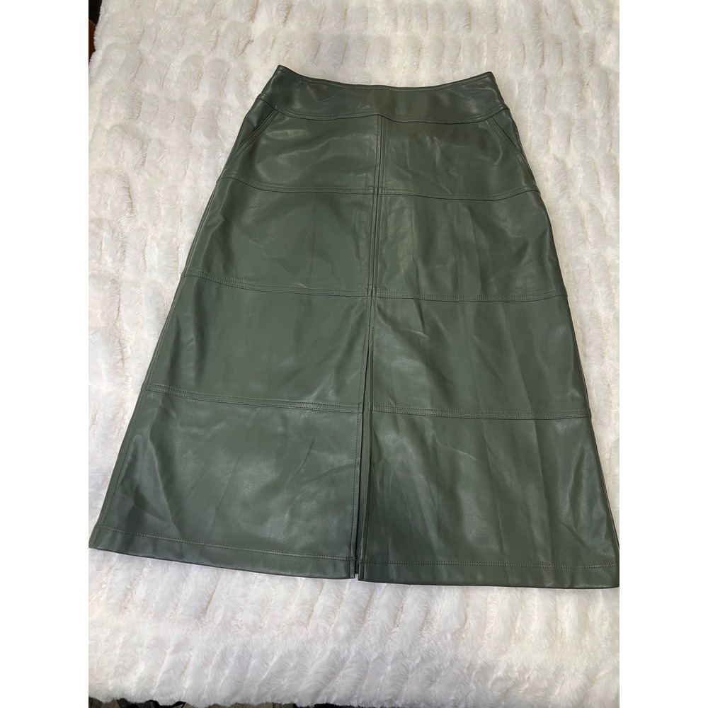 Cabi Dark Sage Green Faux Leather Paneled Midi Skirt Size 6 Front Slit Pockets